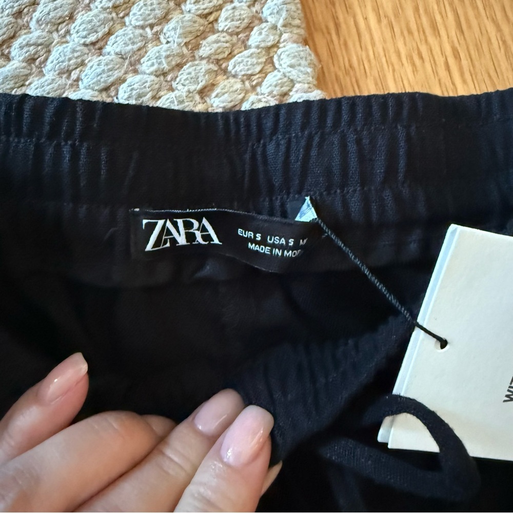 NWT Zara Black Wide-Leg Linen Pants Trousers with Elastic Waist - Picture 5 of 8